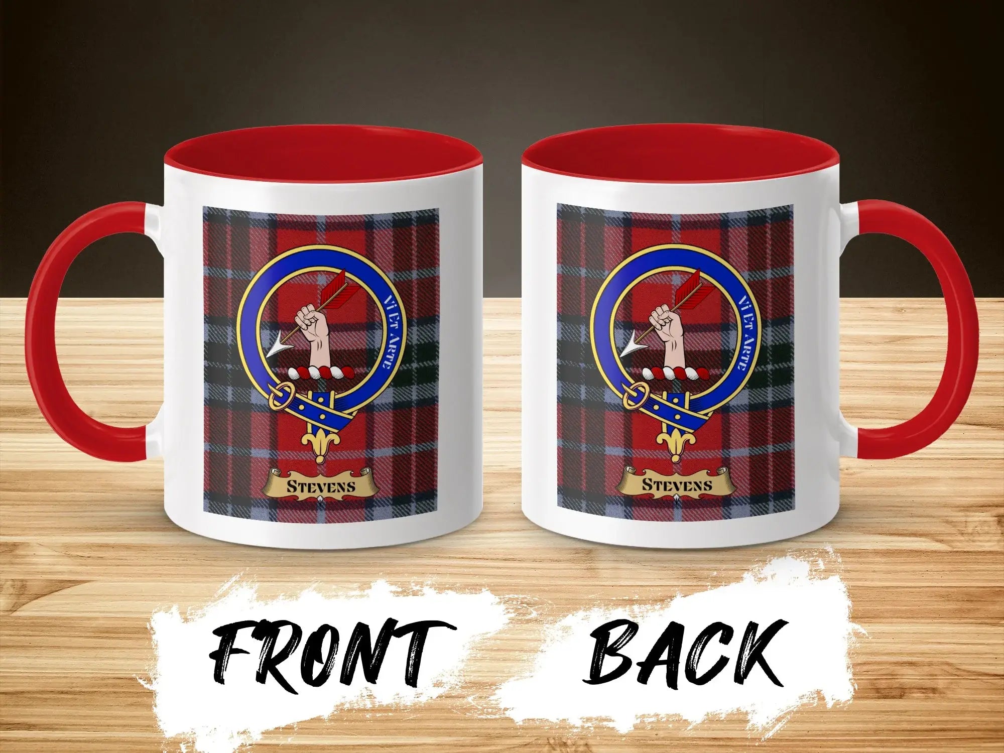 Stevens tartan-background crest mug shown as a Scottish heritage gift
