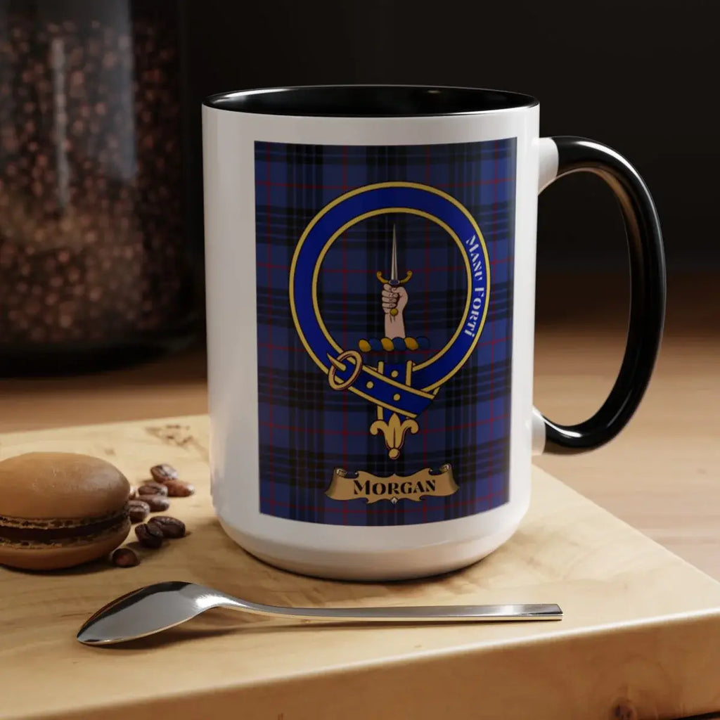 Close-up of the Morgan clan crest printed on a ceramic mug