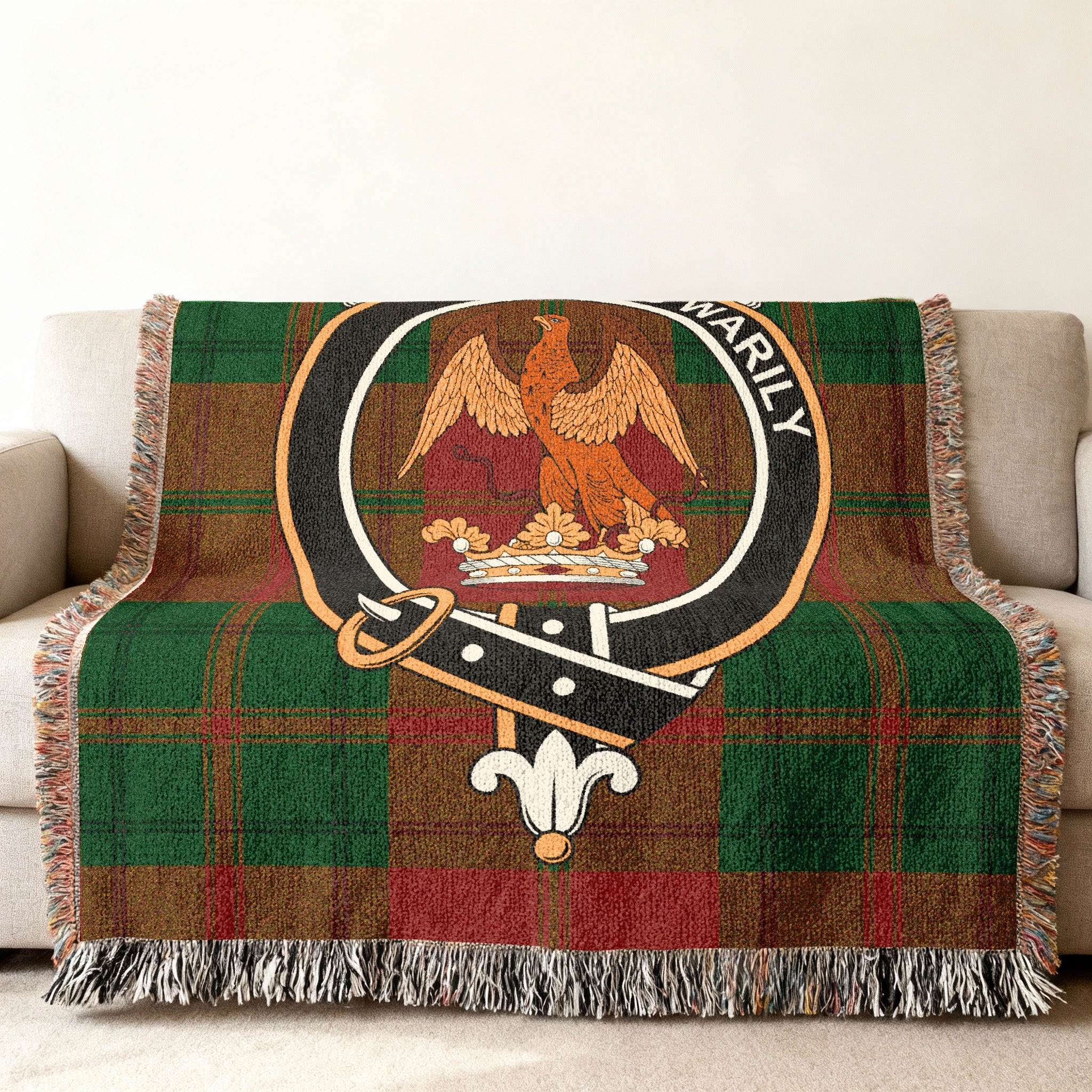 Drummond clan crest tartan woven blanket draped — personalised coat of arms, fringe edges