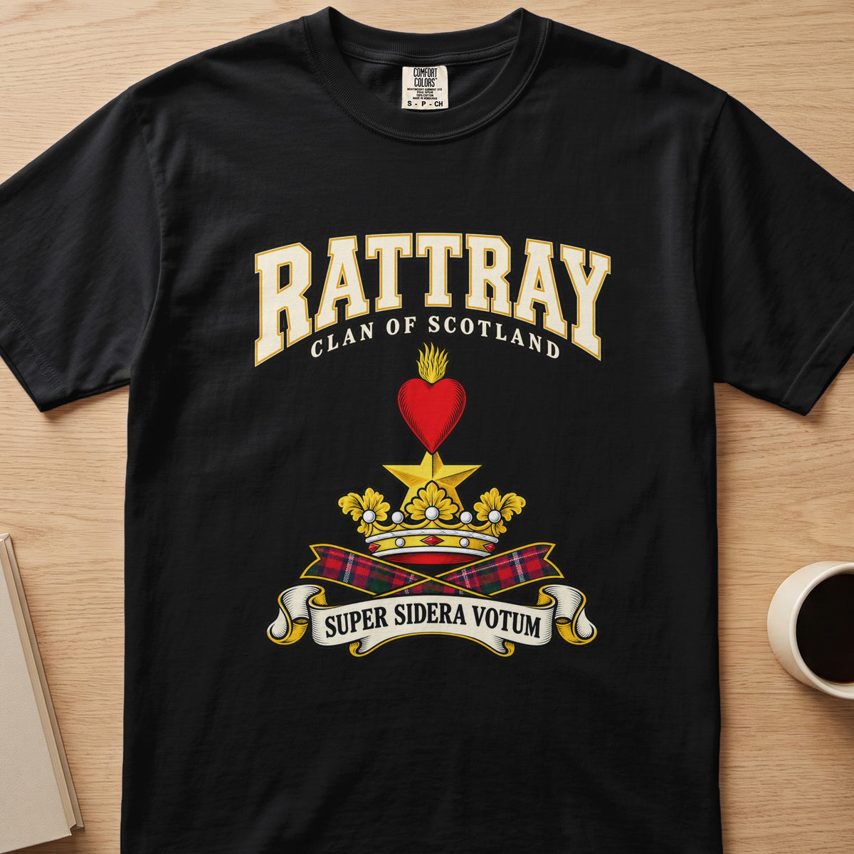 Rattray clan T-shirt in black, front view with red heart above a gold star and crown