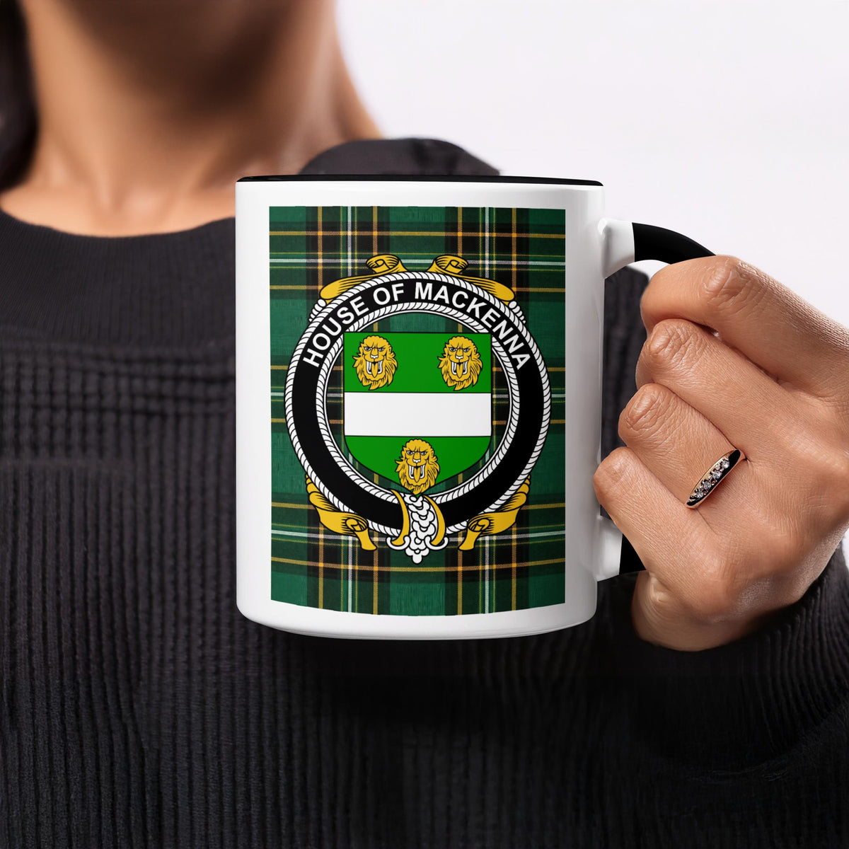 Mackenna Irish heritage ceramic mug showing tartan and surname emblem