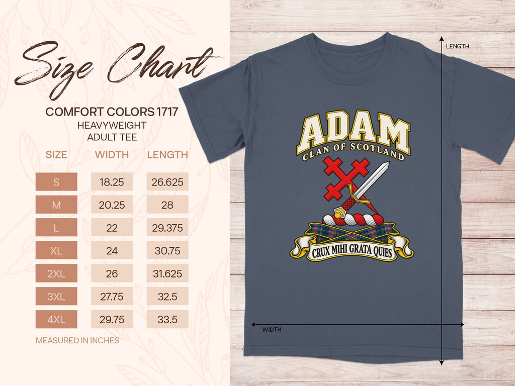 Comfort Colors 1717 size chart for the Adam Scottish clan T-shirt, adult sizes S–4XL.