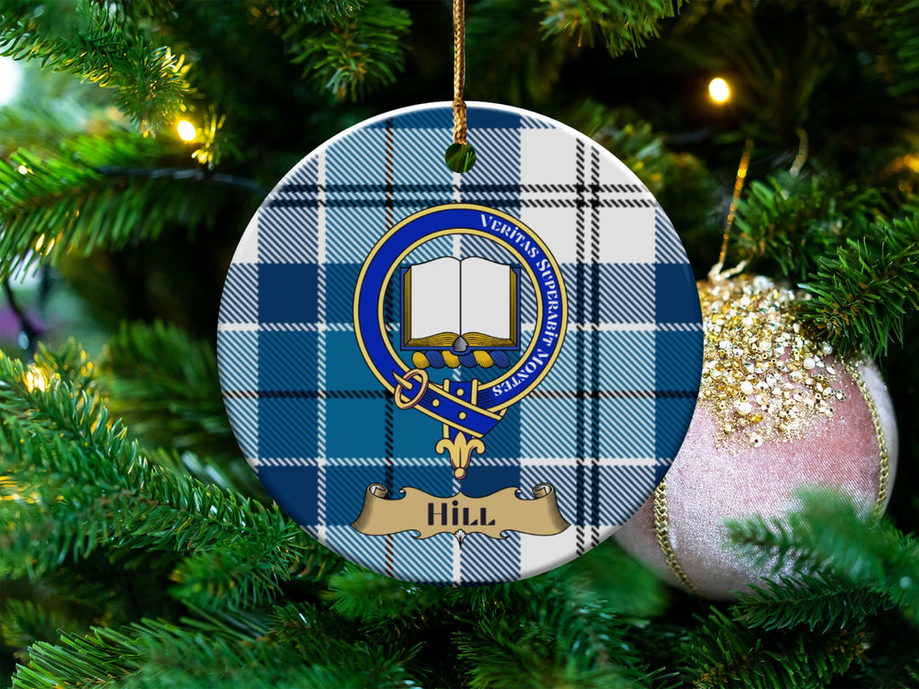 Hill clan crest tartan ceramic ornament hanging on a Christmas tree