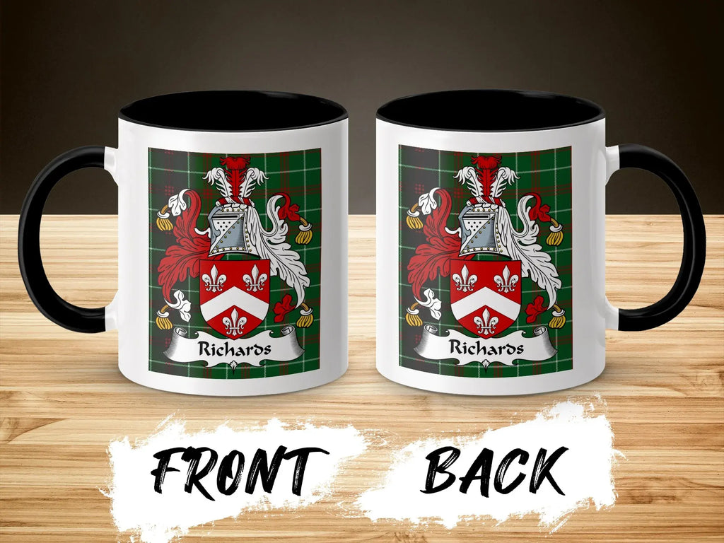 Richards Welsh surname coffee mug front and back view with coat of arms on tartan