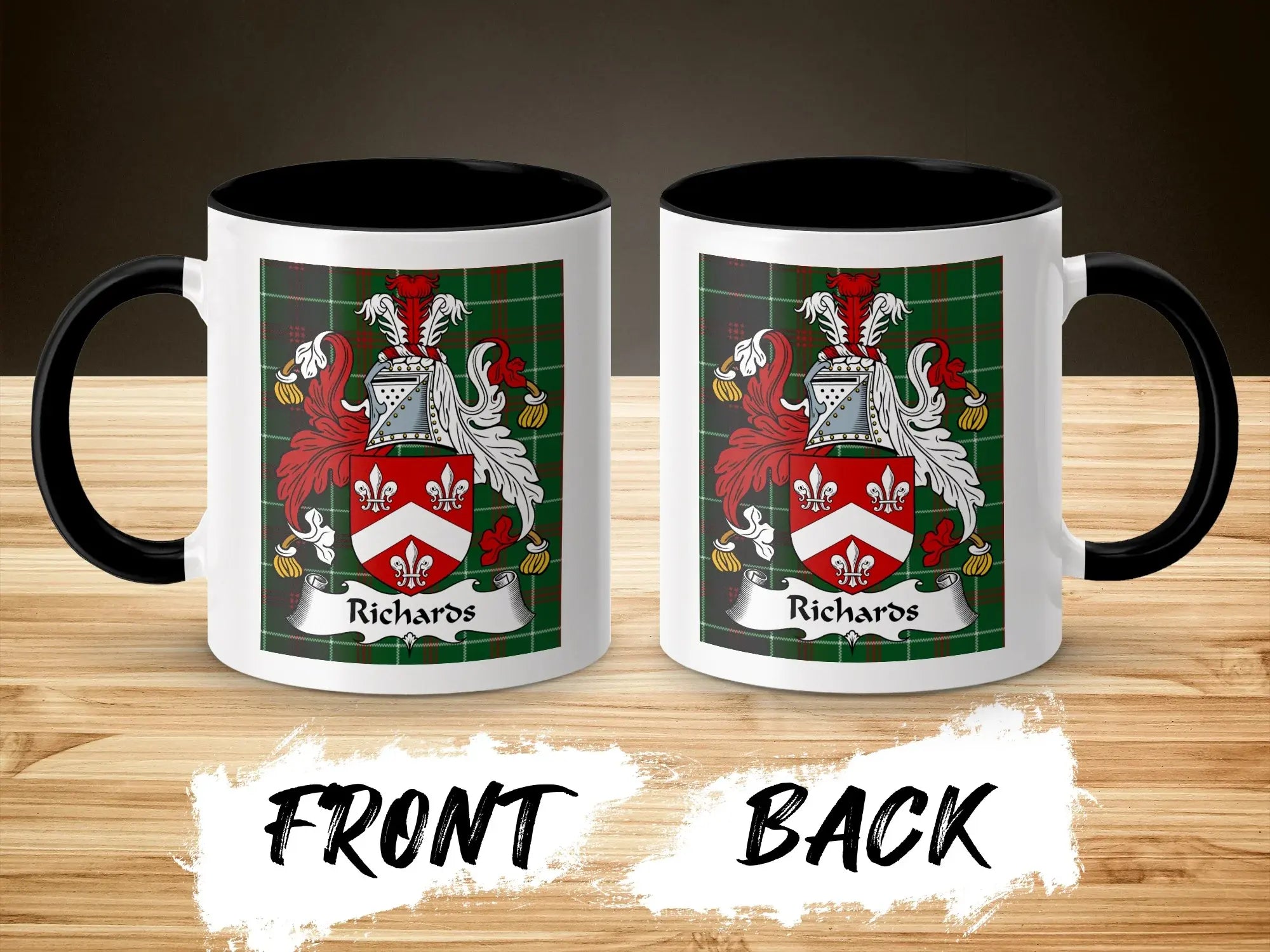 Richards Welsh surname coffee mug front and back view with coat of arms on tartan