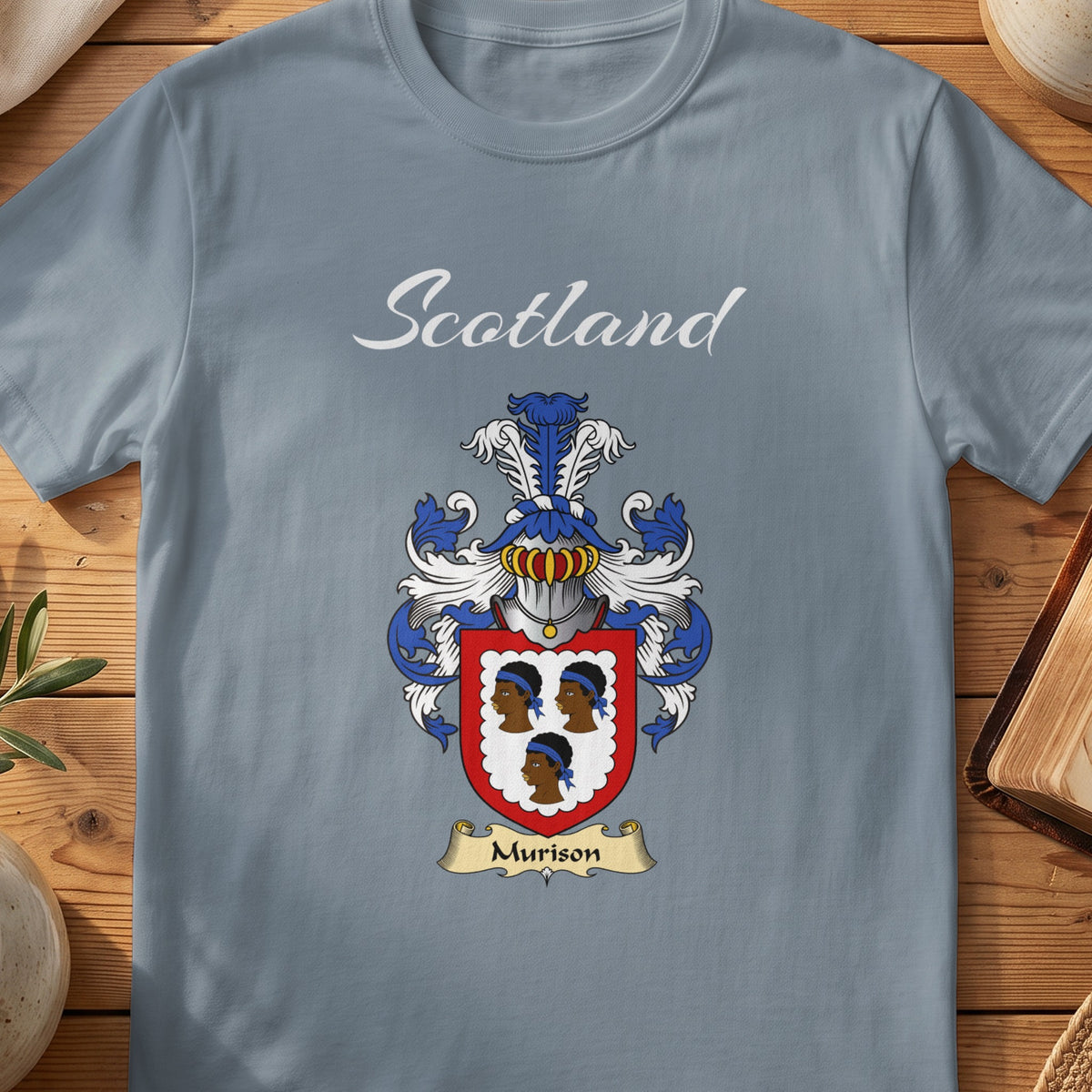 Murison Scottish family shield T-shirt in Stone Blue