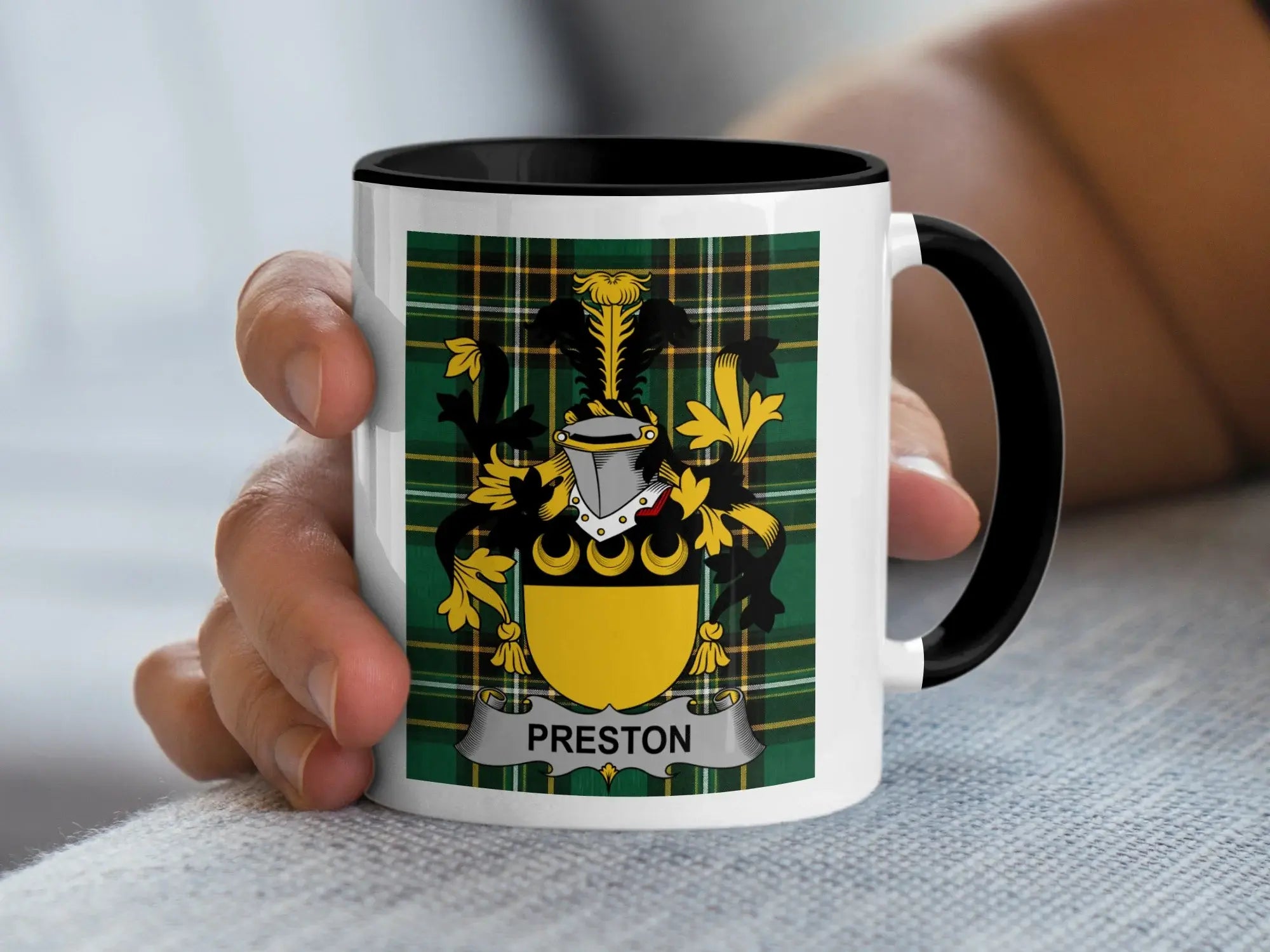 Preston Irish family crest black accent mug with Irish National Tartan