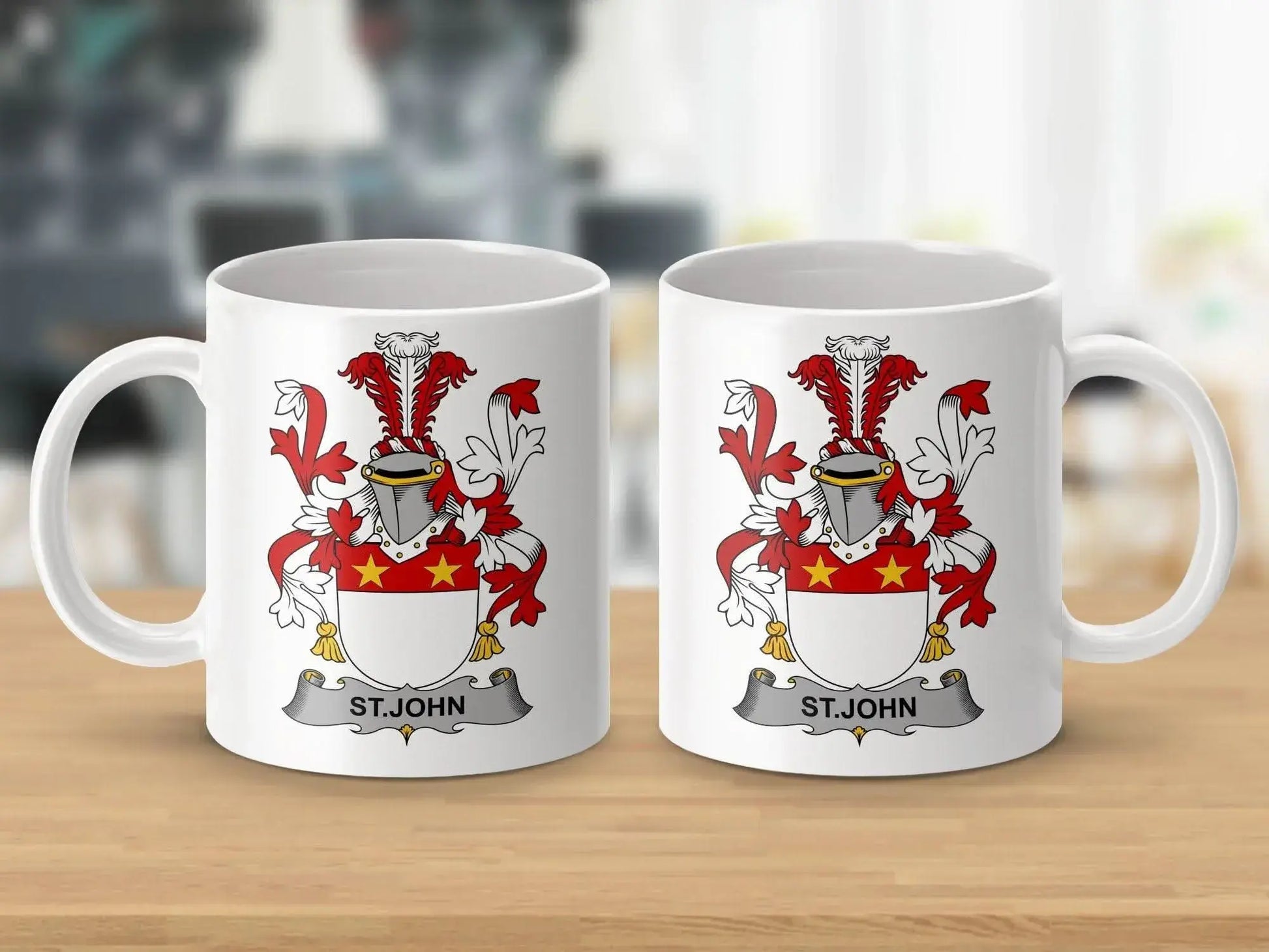 St John Family Crest Coat of Arms Display Mug - Celtic Ancestry Gifts