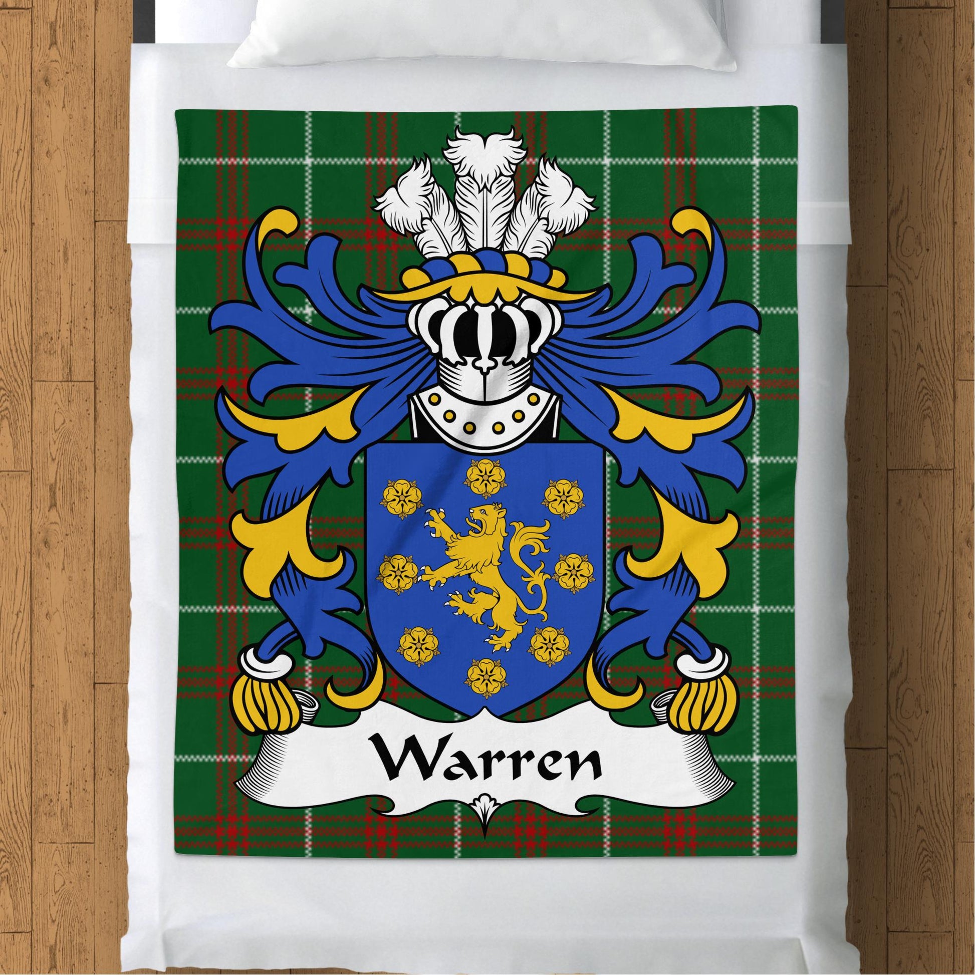 Warren Surname Coat of Arms on Welsh Tartan Blanket - Living Stone Gifts