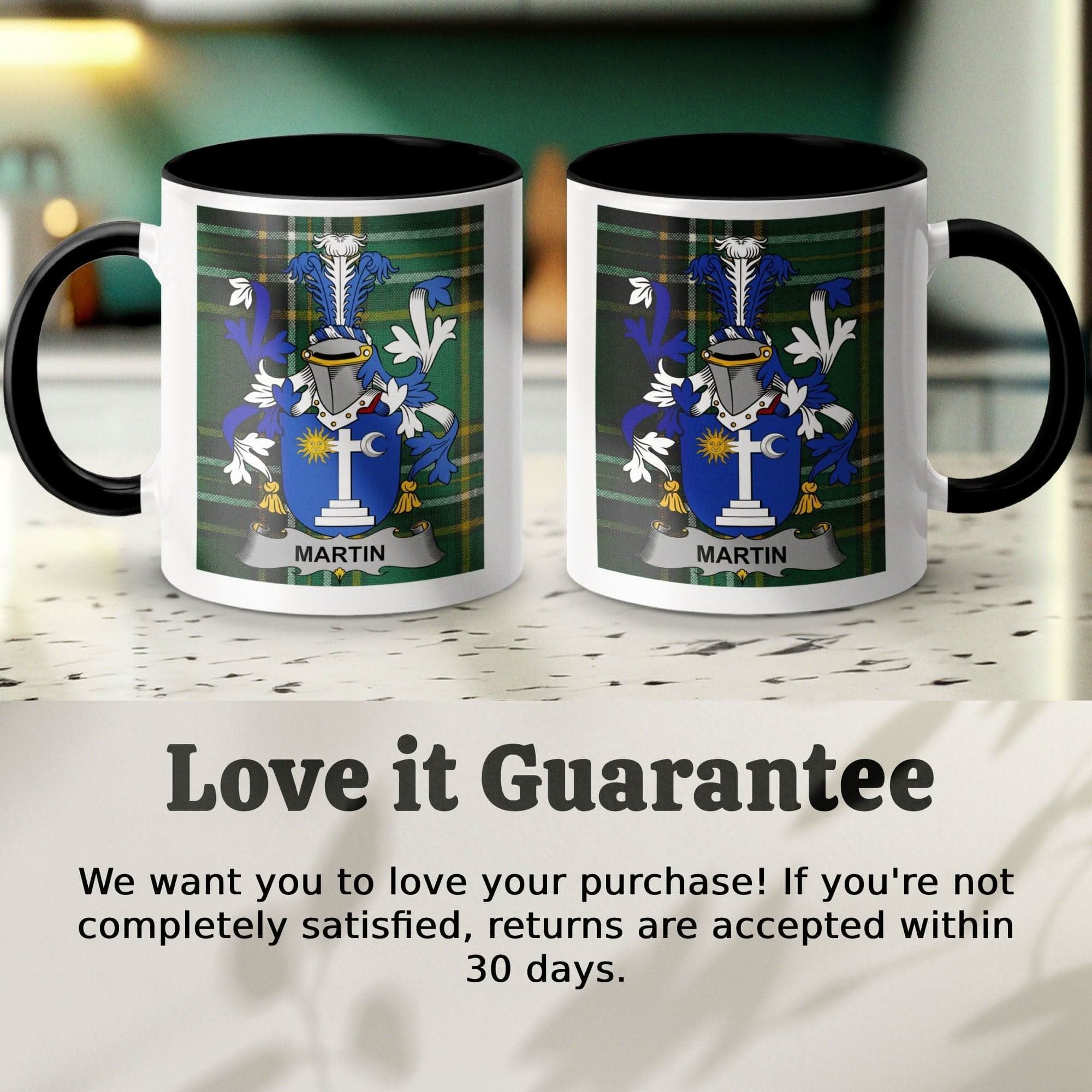 Martin Surname Family Crest on Irish Tartan Mug - Celtic Ancestry Gifts