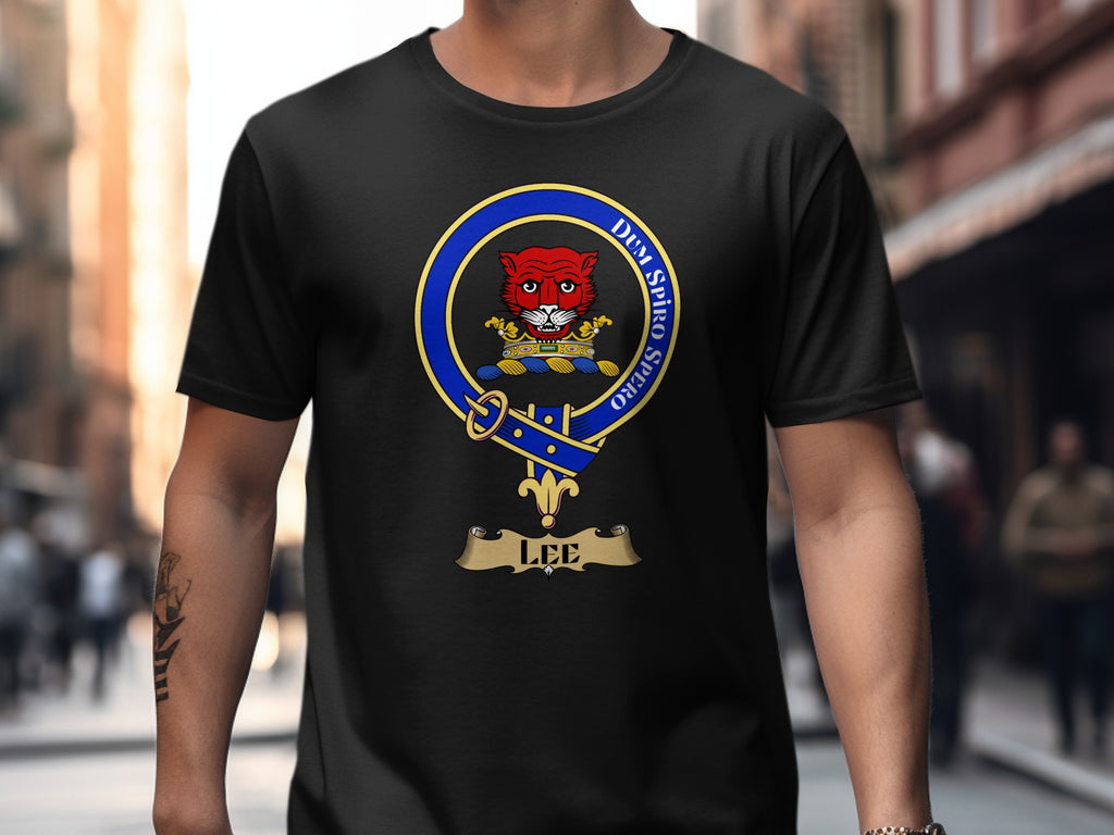 Lee Scottish clan crest design on black T-shirt