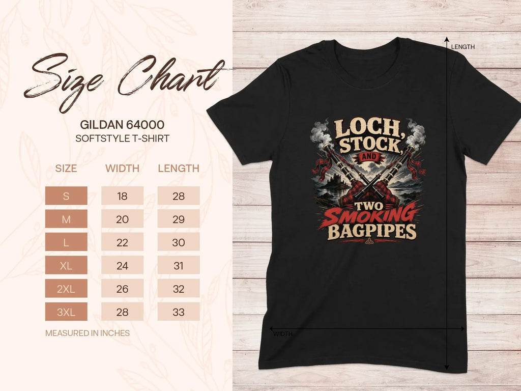 Gildan 64000 t-shirt size chart with Loch, Stock and Smoking Bagpipes graphic.