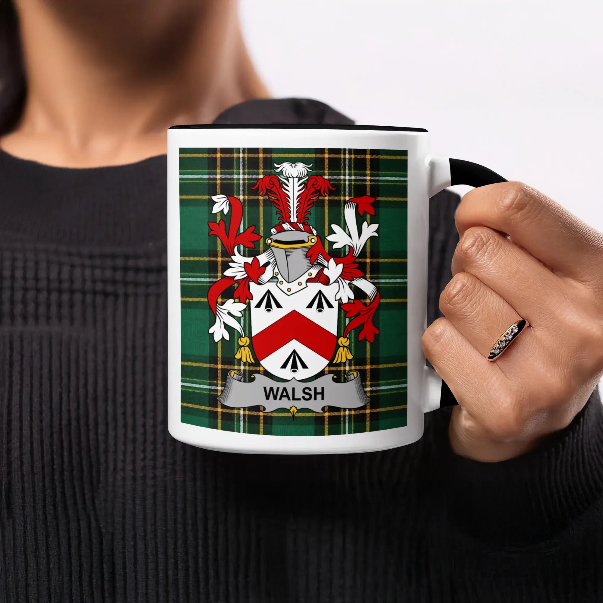 Mug with a plaid background and the Walsh family crest.