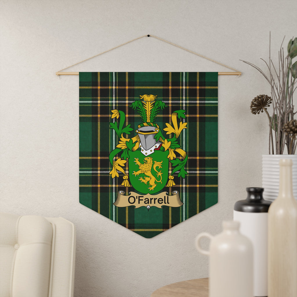 O'Farrell family crest on a green tartan banner hanging on a wall.