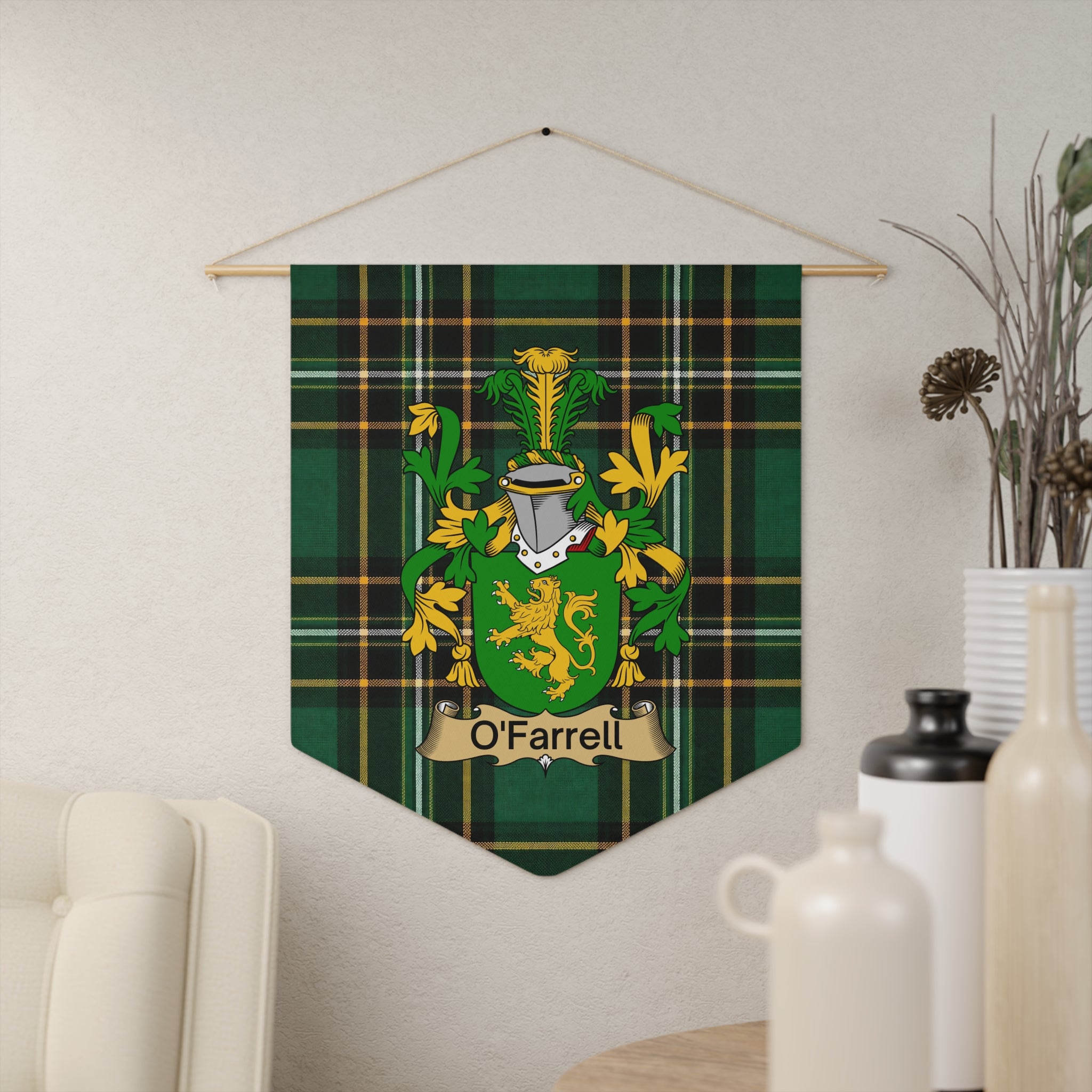O'Farrell family crest on a green tartan banner hanging on a wall.