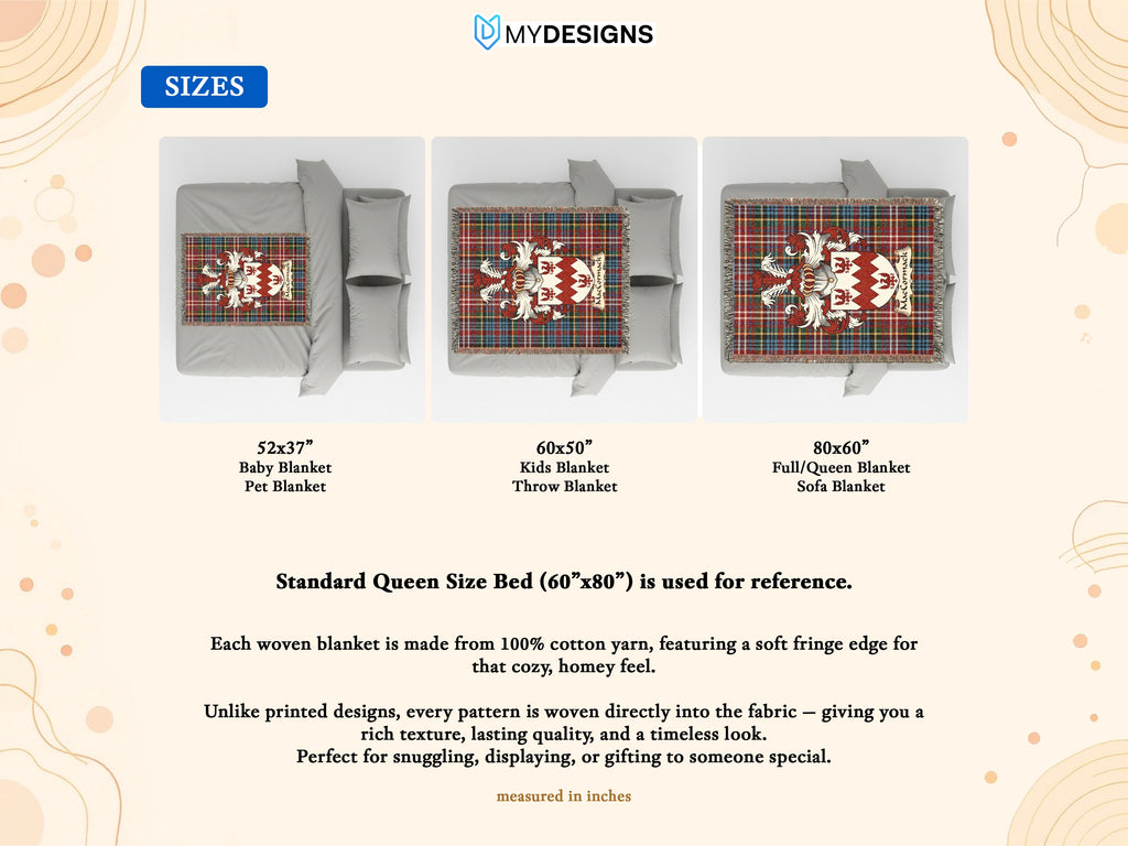 Size guide for MacCormack Scottish family shield woven blanket on a Caledonia tartan background