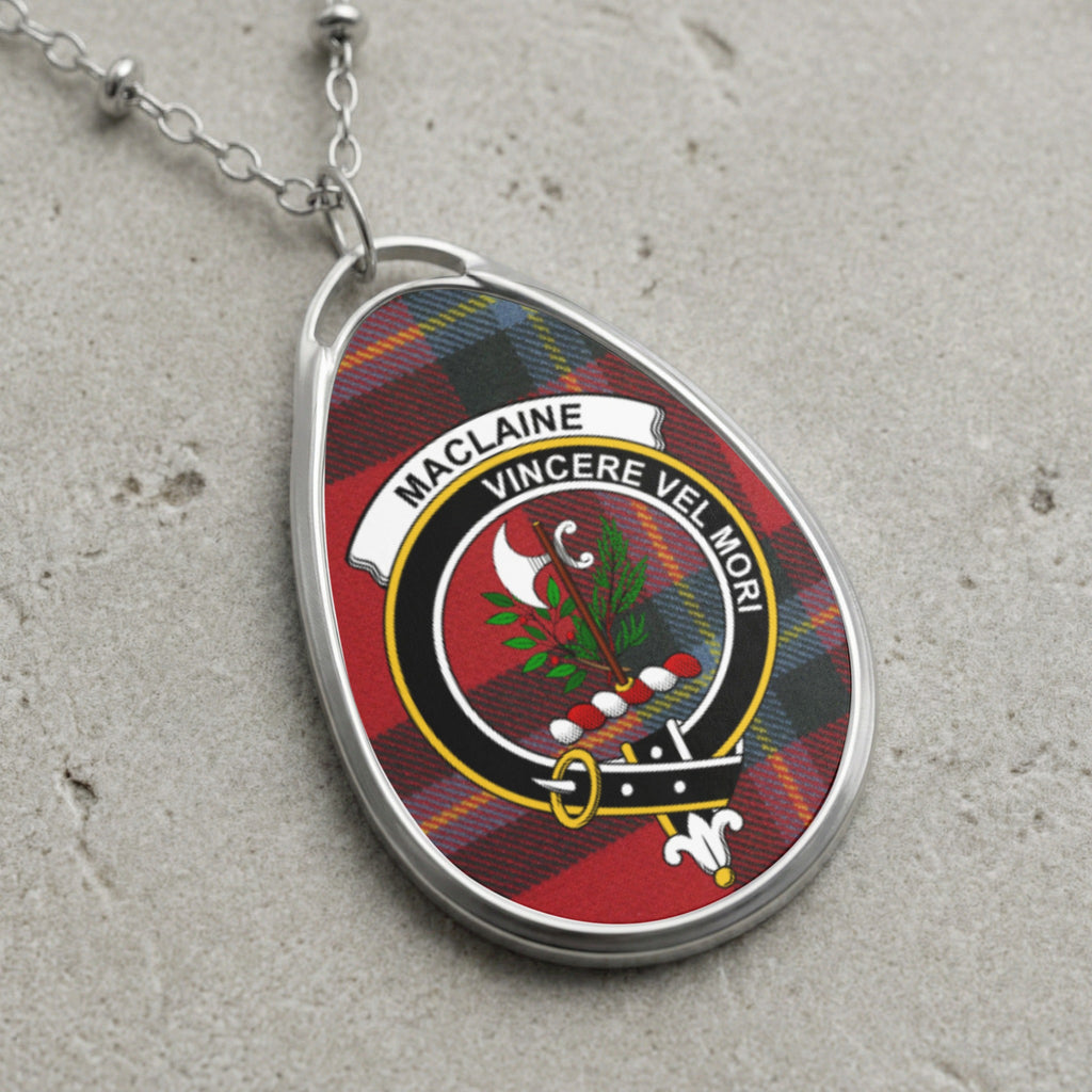 Maclaine tartan oval pendant necklace with clan crest and Latin motto.
