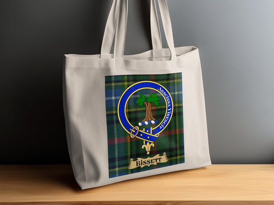 Bissett Clan Crest on Scottish Tartan Background Tote Bag - Living Stone Gifts