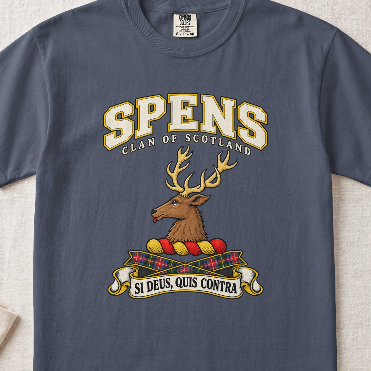 Spens Scottish clan T-shirt in Midnight, front view with a brown stag head with gold antlers and motto design.