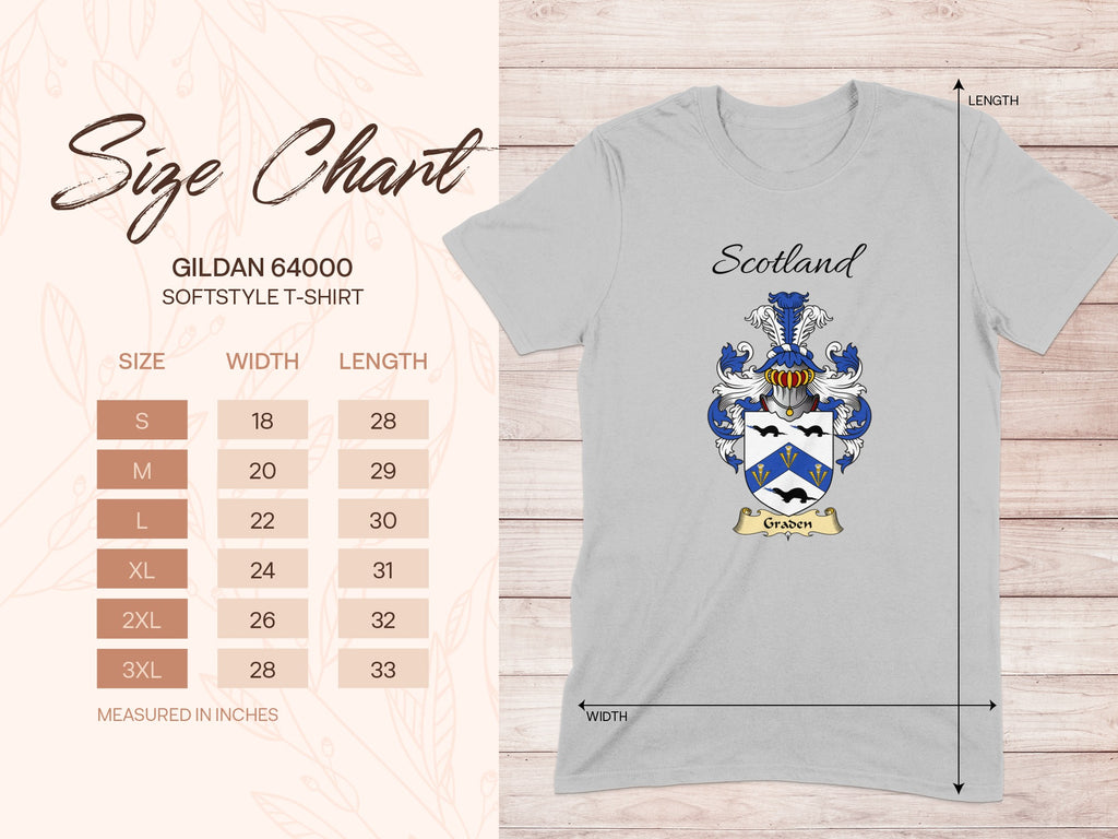 Gildan 64000 size chart for the Graden unisex T-shirt, sizes S to 3XL