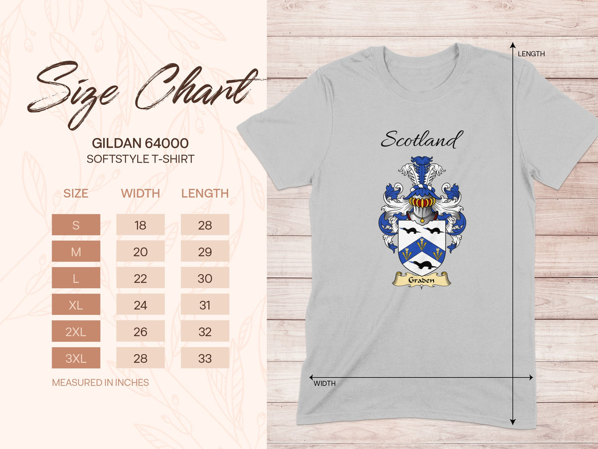 Gildan 64000 size chart for the Graden unisex T-shirt, sizes S to 3XL