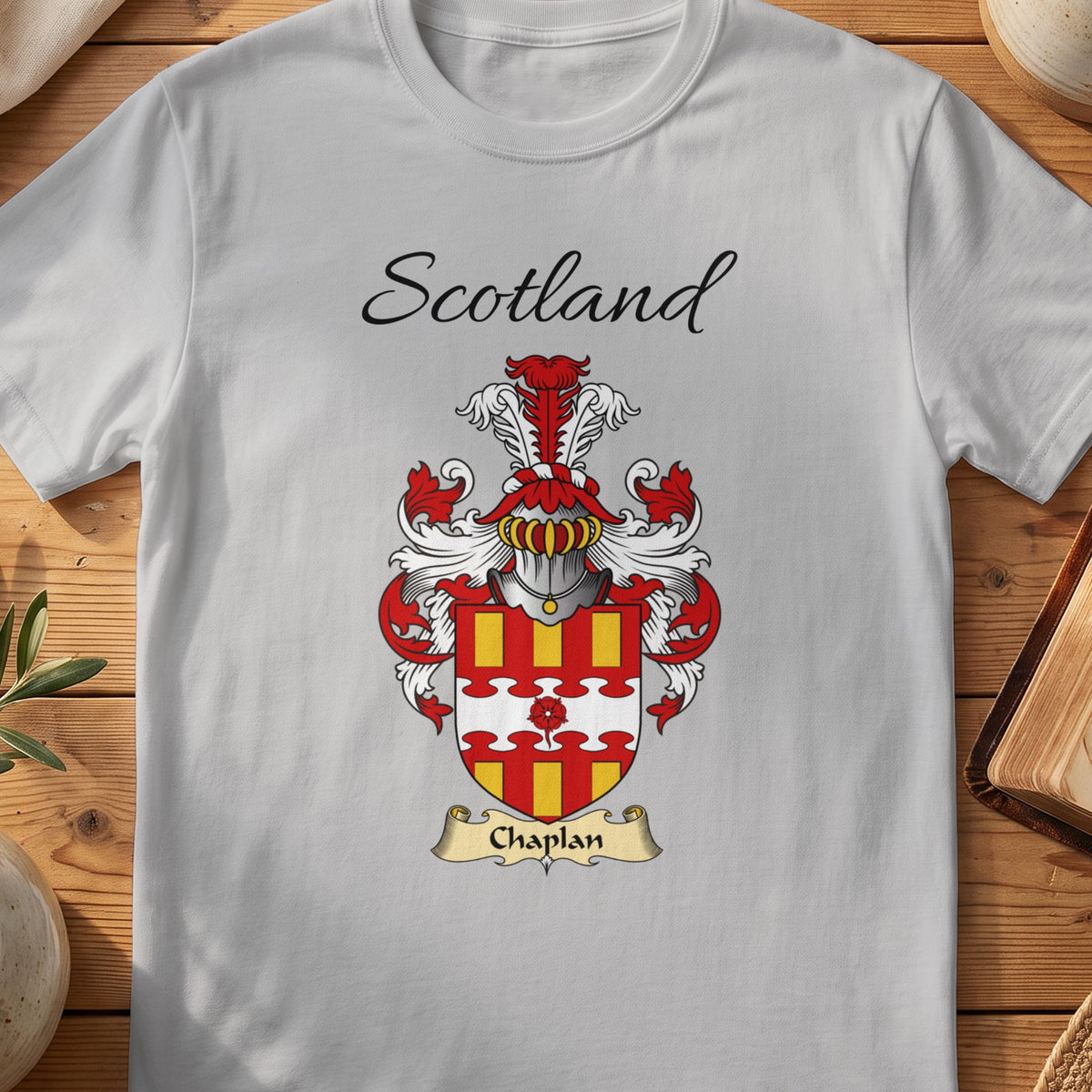 Sport Grey Chaplan Scottish family shield T-shirt featuring red-and-gold vertical stripes and decorative white band
