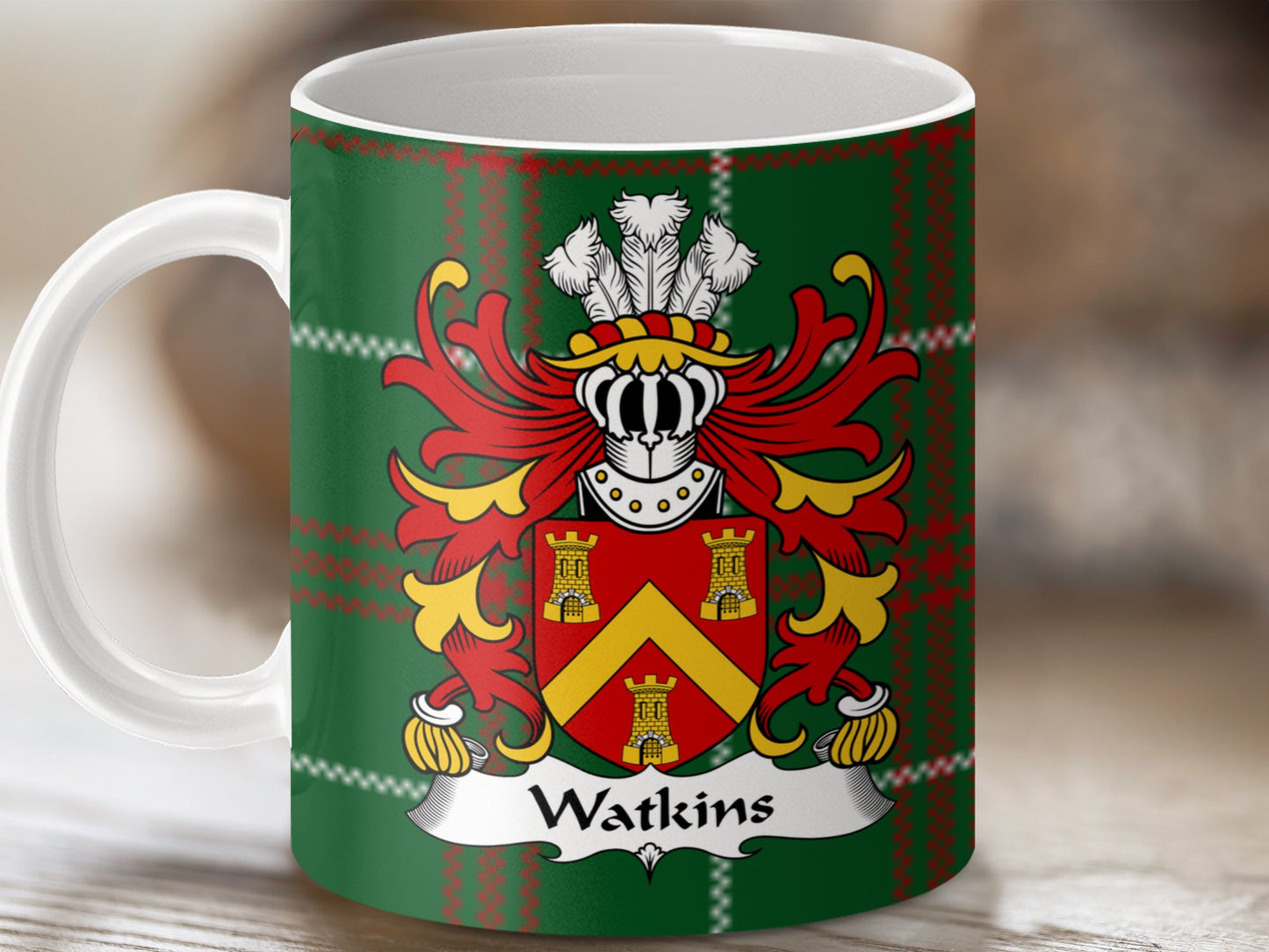 Watkins Coat of Arms on Welsh National Tartan Background Mug - Living Stone Gifts