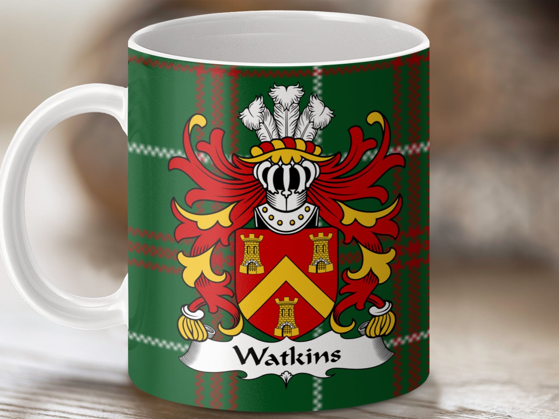 Watkins Coat of Arms on Welsh National Tartan Background Mug - Living Stone Gifts