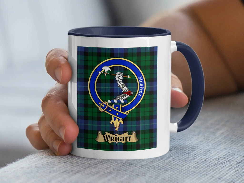 Wright family crest coffee mug with a tartan-background design