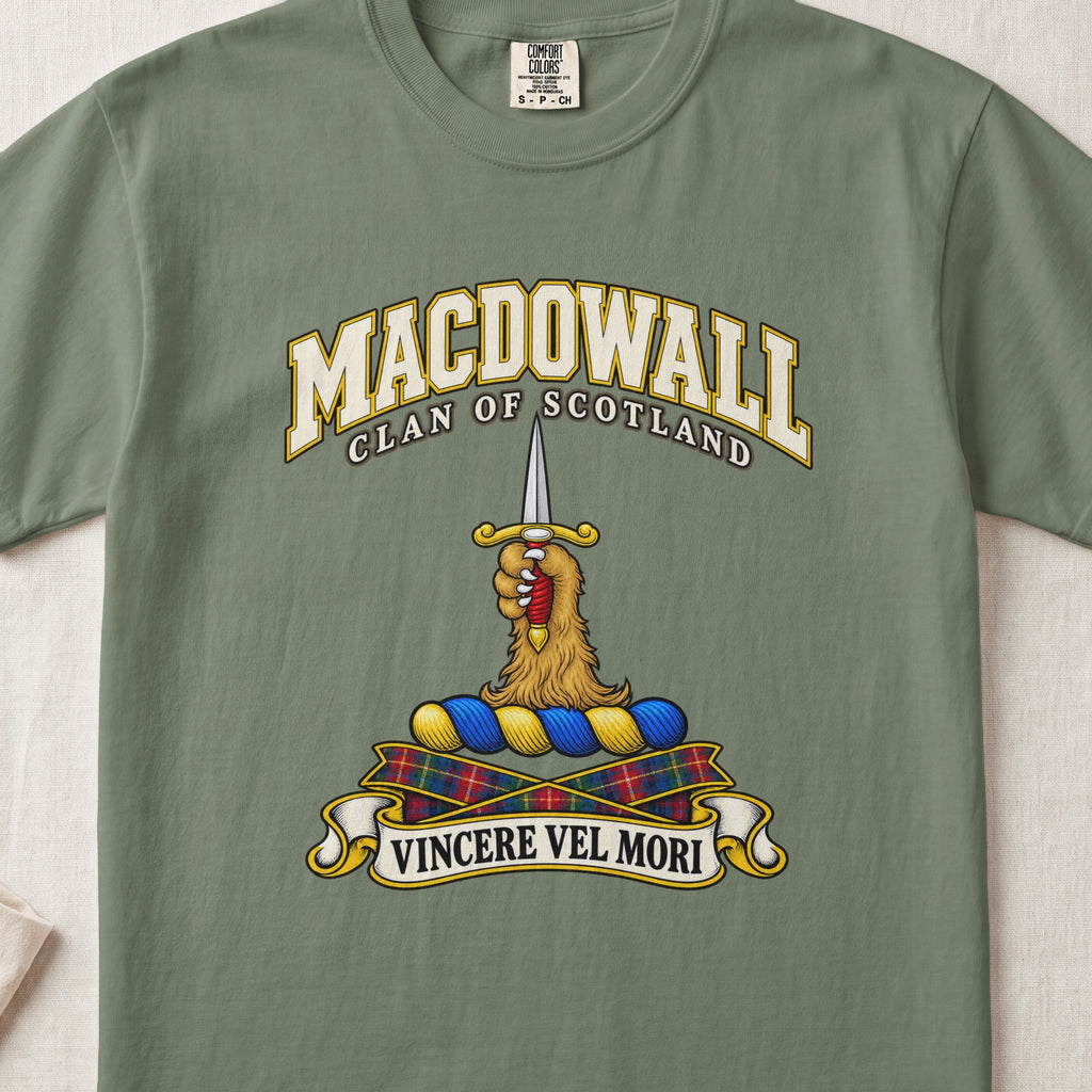 MacDowall Scottish clan T-shirt in Moss, front view with a golden paw holding an upright dagger and motto banner.
