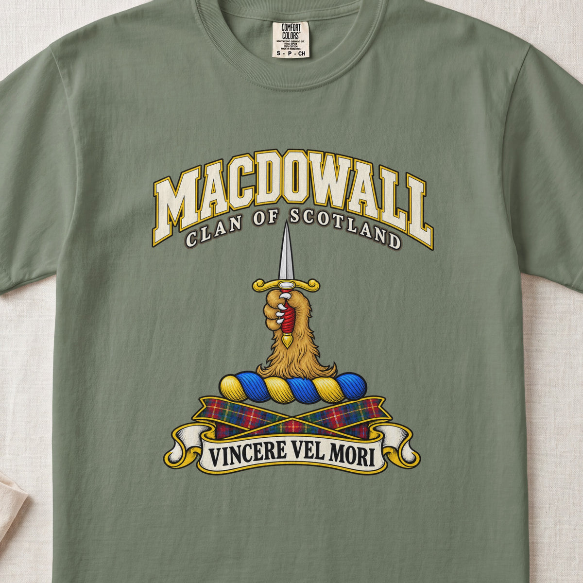 MacDowall Scottish clan T-shirt in Moss, front view with a golden paw holding an upright dagger and motto banner.