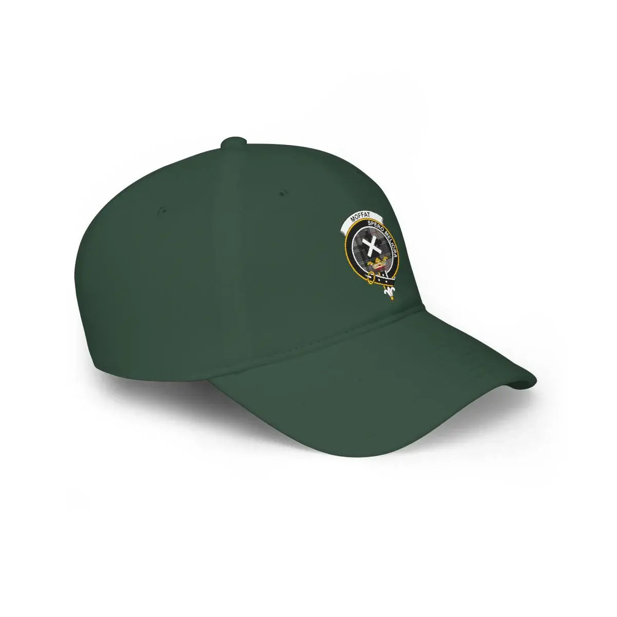 Clan Moffat dark green cap — printed clan crest and tartan, unstructured casual fit