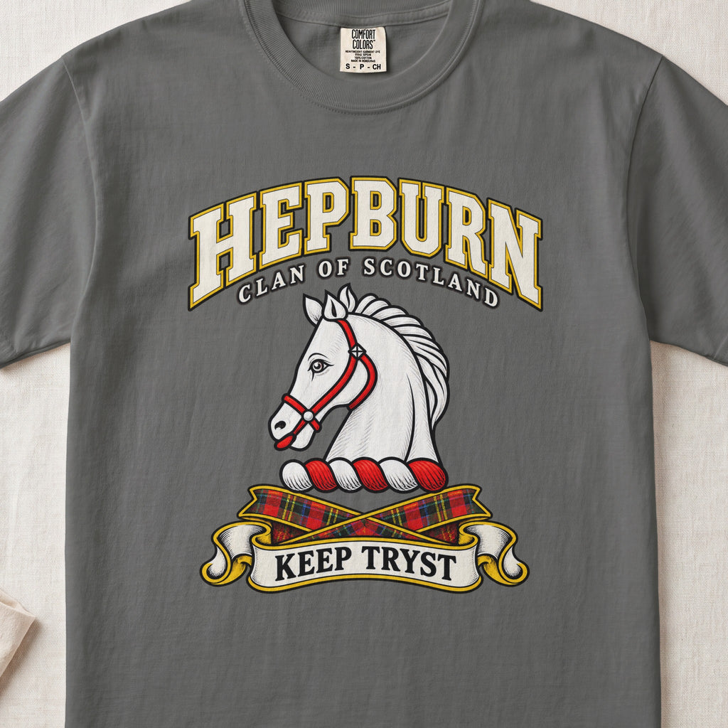 Hepburn Scottish clan T-shirt in Pepper, front view with a white horse head with a red bridle and motto banner.