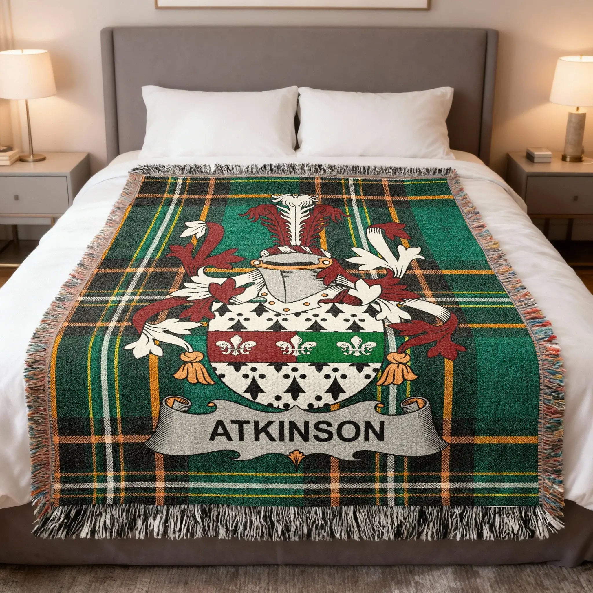 Atkinson Irish family crest woven blanket with Irish tartan design and fringed edges