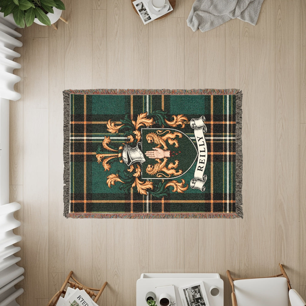 Close-up of Reilly family crest design on Irish National Tartan heirloom woven blanket