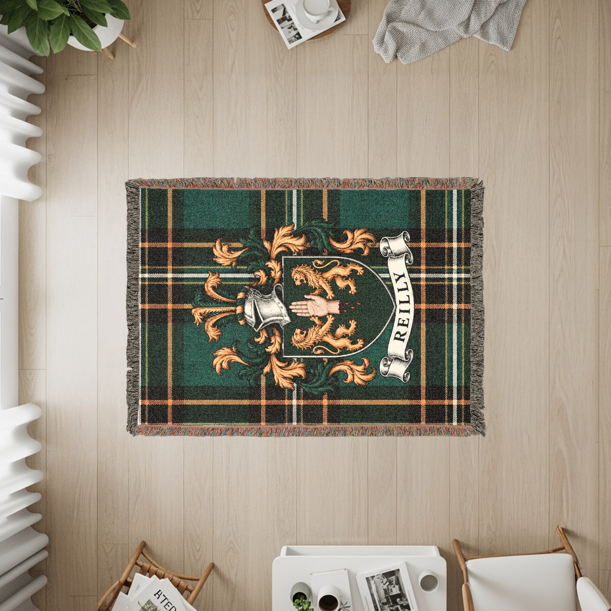 Close-up of Reilly family crest design on Irish National Tartan heirloom woven blanket