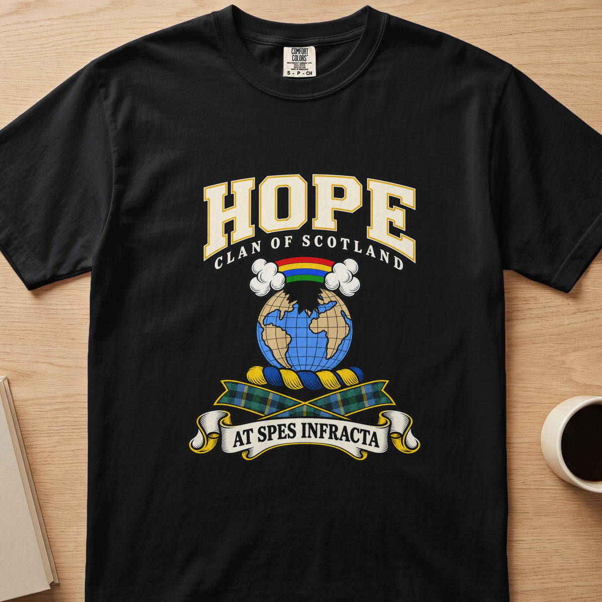 Hope clan crest with globe and rainbow on a black Comfort Colors T-shirt, front view