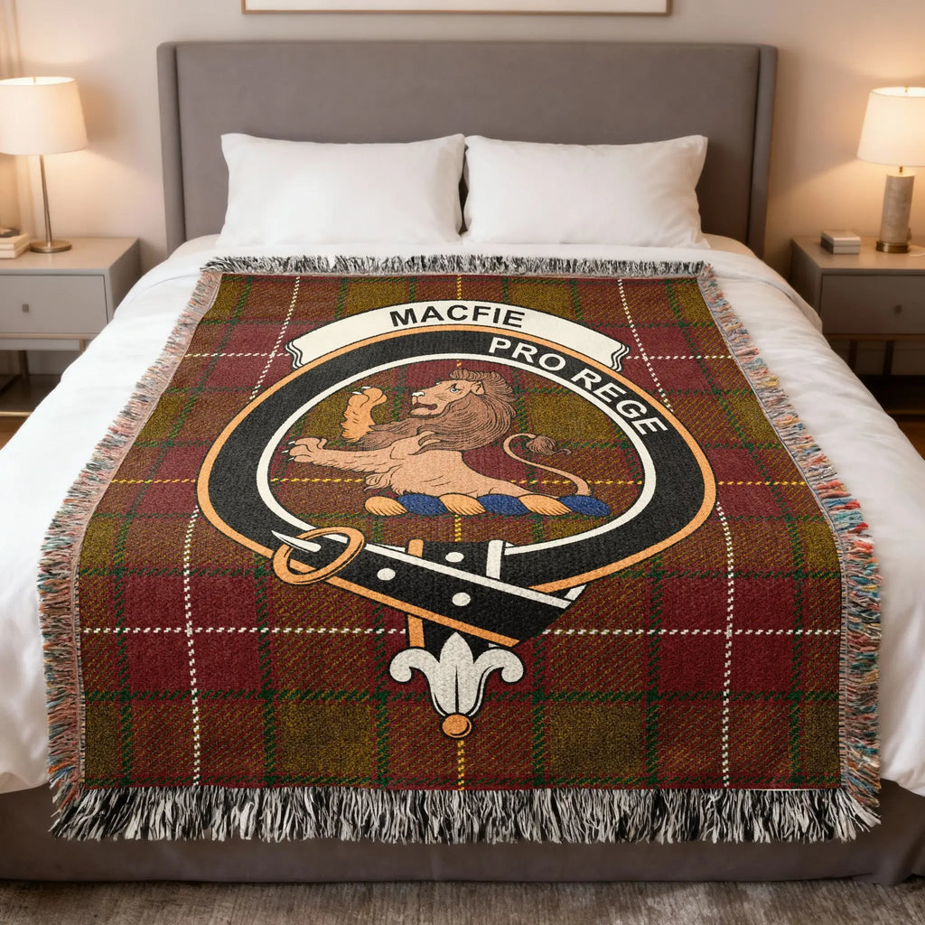 MacFie clan lion rampant crest tartan woven blanket — Pro Rege cotton weave with fringe