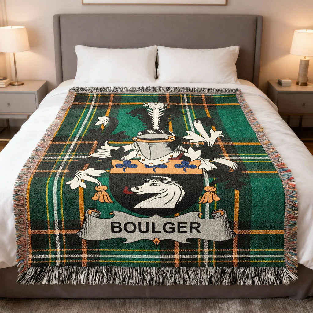 Boulger O'Bolger Irish family crest woven blanket with Irish tartan design and fringed edges