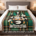 Boulger O'Bolger Irish family crest woven blanket with Irish tartan design and fringed edges