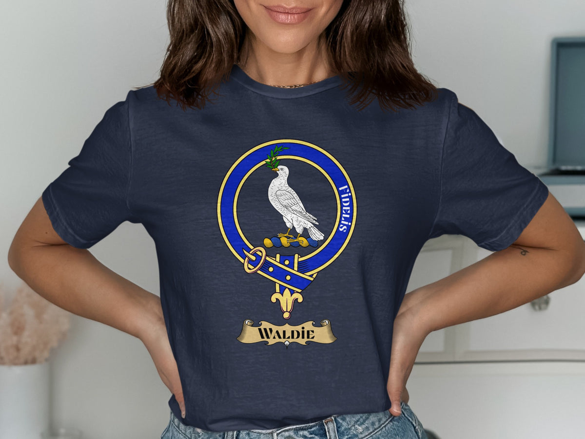 Waldie Scottish clan crest design on Navy T-shirt
