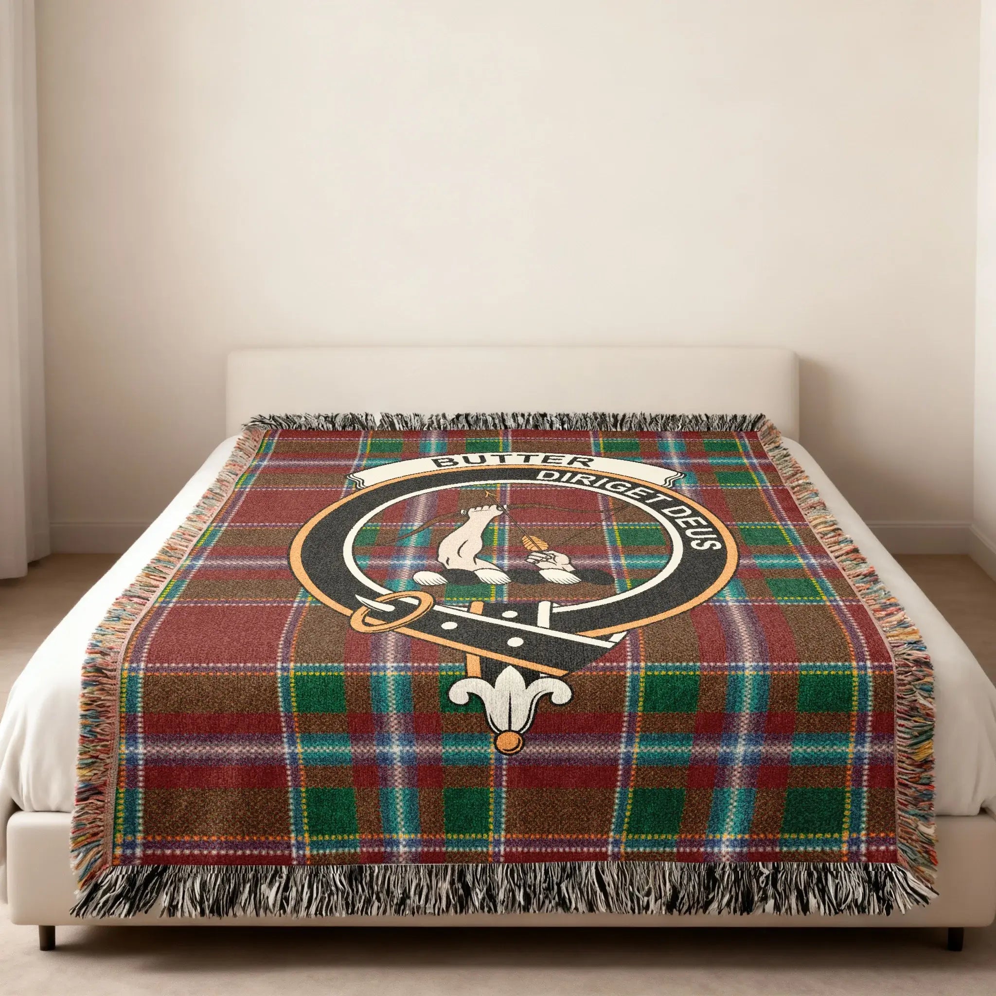 Butter clan crest diriget deus tartan blanket — heirloom quality cotton