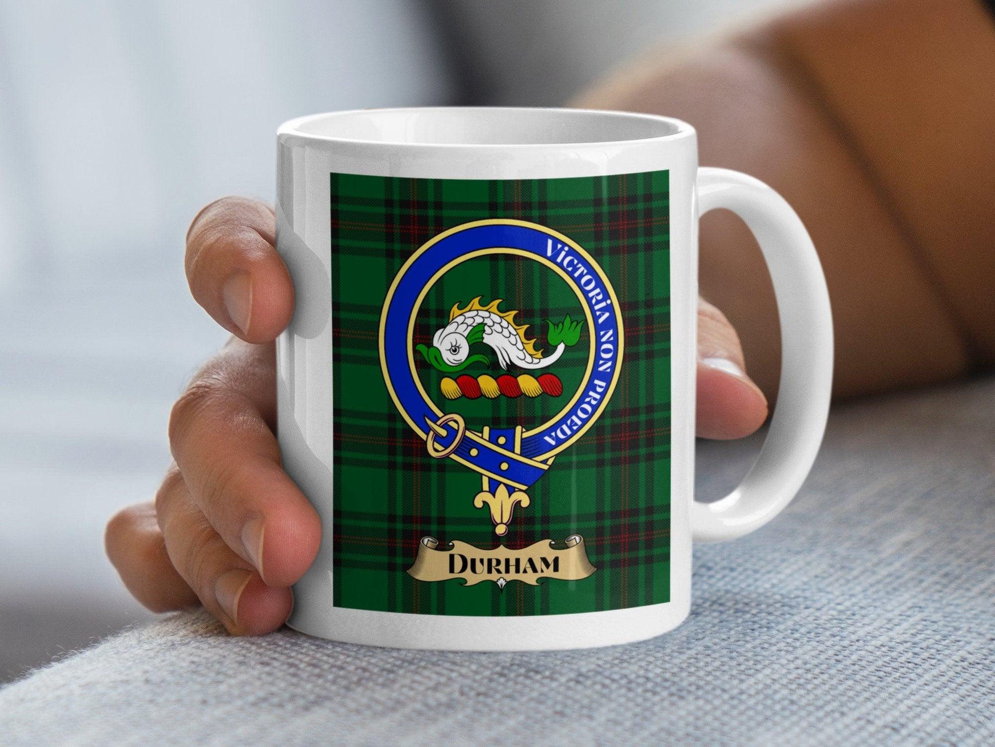 Vibrant Durham Clan Crest Tartan Plaid Design Mug - Living Stone Gifts