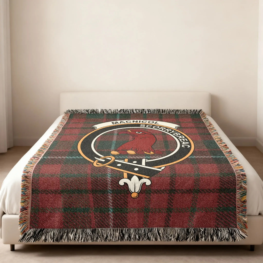 Clan MacNicol Scorrybreac plaid woven blanket — full view showing MacNicol red and black tartan weave