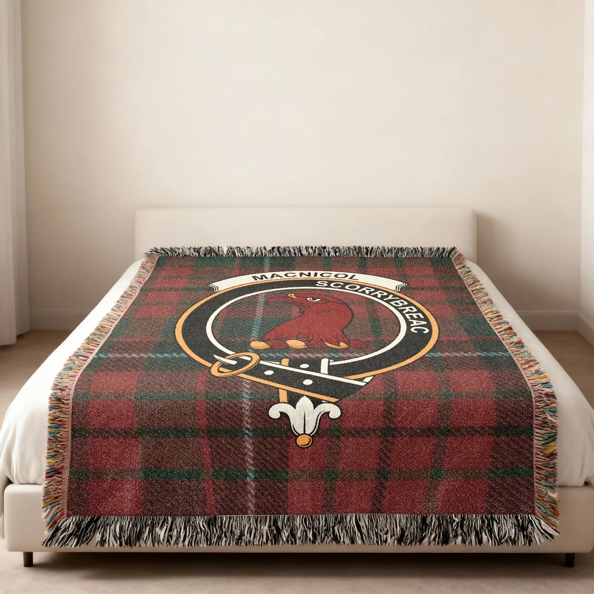 Clan MacNicol Scorrybreac plaid woven blanket — full view showing MacNicol red and black tartan weave