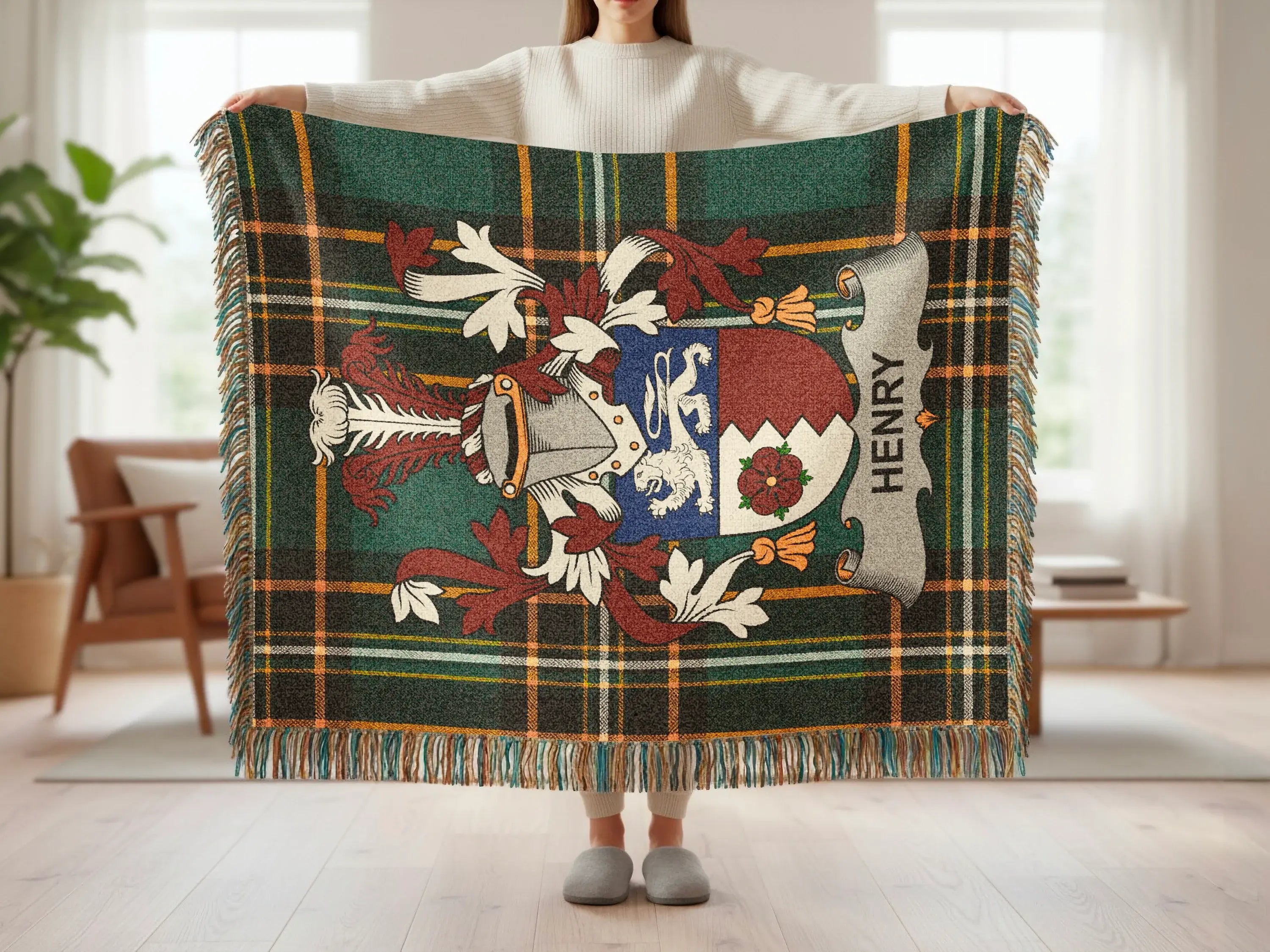 Tartan blanket with a coat of arms featuring the name "Henry".