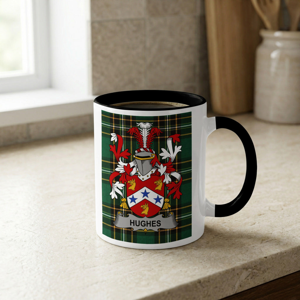 Hughes Irish heritage ceramic mug showing tartan and surname emblem
