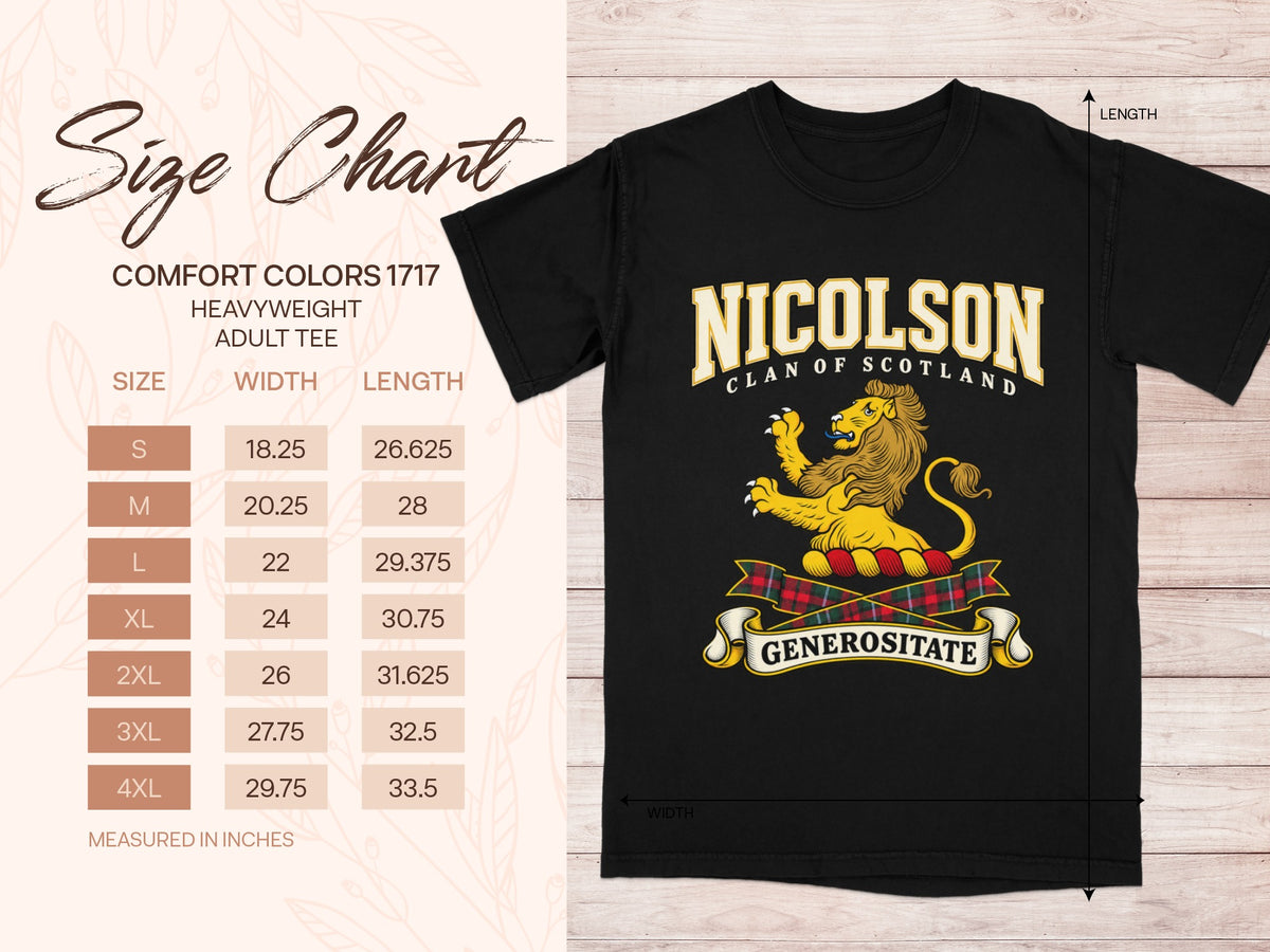Nicolson Comfort Colors 1717 T-shirt size chart with black shirt illustration