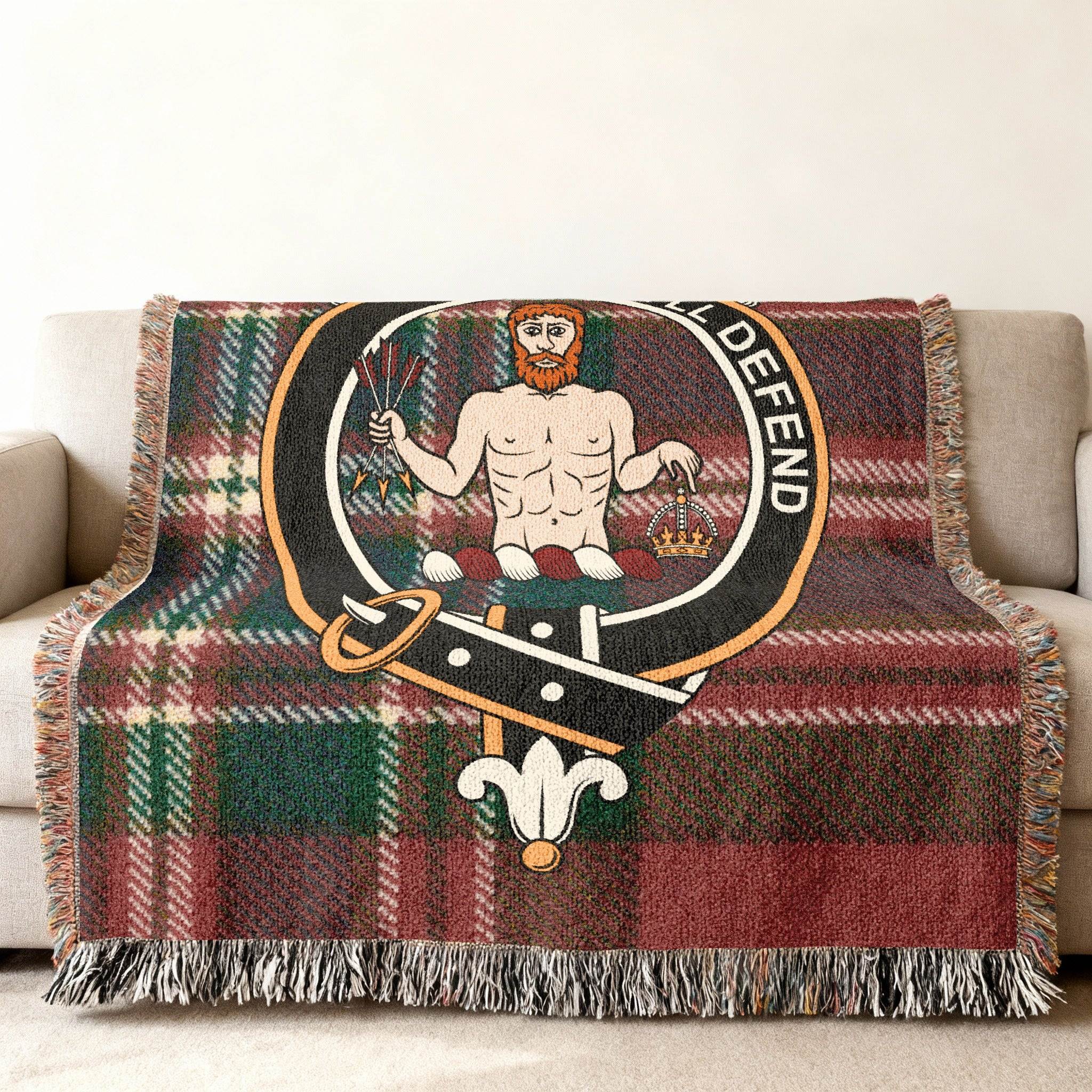 MacFarlane clan crest and tartan plaid throw woven blanket — fringe edge visible