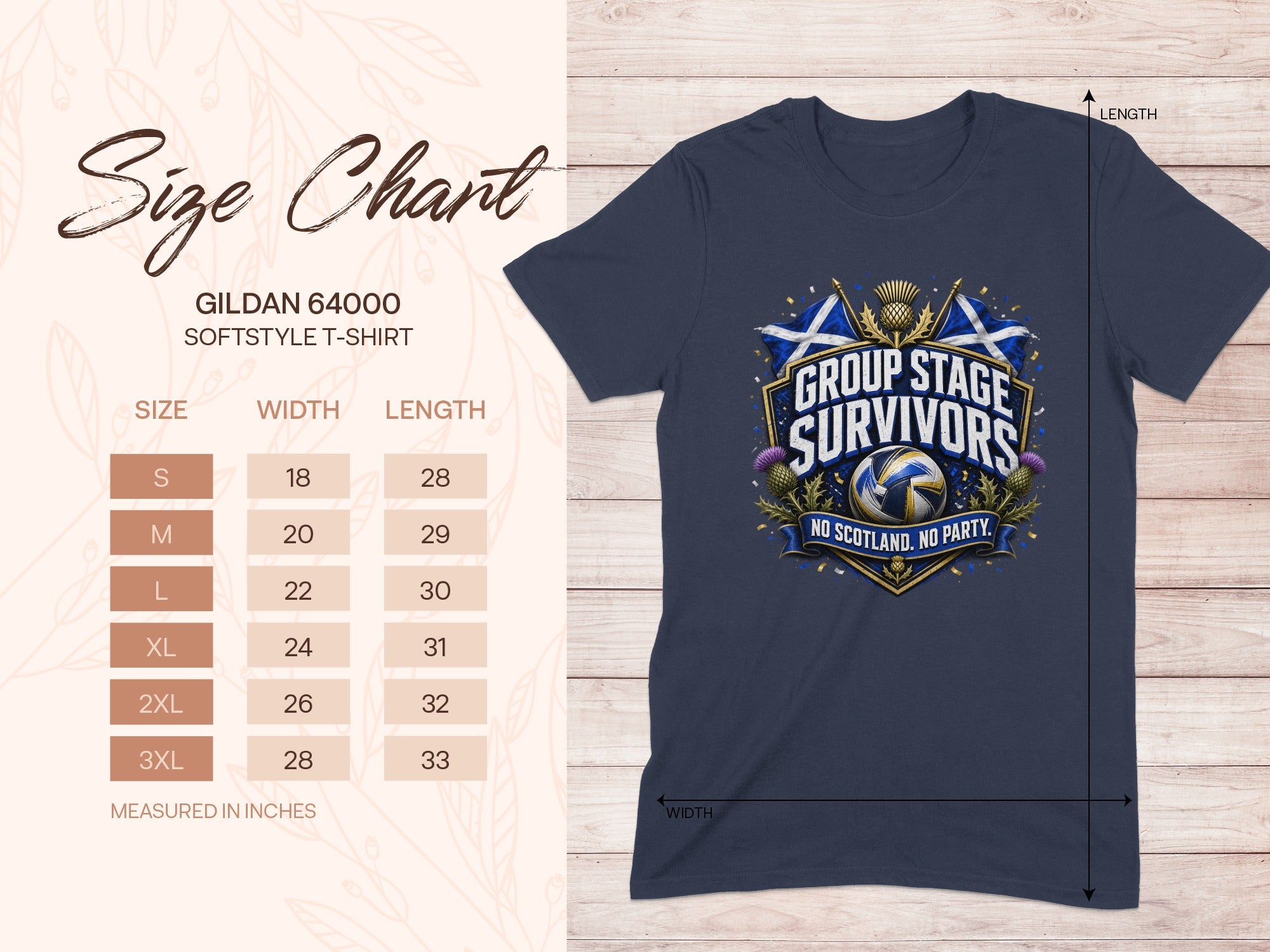Gildan 64000 t-shirt size chart showing measurements in inches.